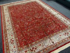 LARGE RED GROUND KASHMIR CARPET with tree of life design, 275 x 380cms