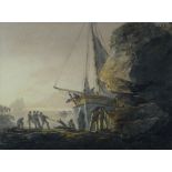 WILLIAM PAYNE (1776-1830) watercolour - figures hauling sailboat amongst rocks, signed, 13 x 16cms