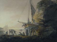 WILLIAM PAYNE (1776-1830) watercolour - figures hauling sailboat amongst rocks, signed, 13 x 16cms
