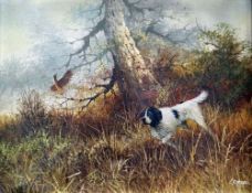 L EIFORD oil on canvas - gun-dog chasing bird in long grass, signed, 41 x 49cms