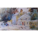 W MATHIESON watercolour - farmstead with figures and poultry, entitled verso 'Cliff Castle,