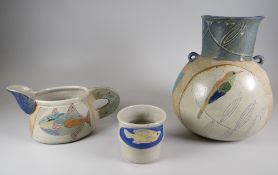 JILL FANSHAWE KATO three stoneware ceramic items including twin handled vase with globular body