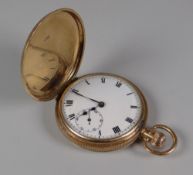 A 9CT GOLD FULL-HUNTER POCKET WATCH being keyless-wind type and having a white enamel dial with