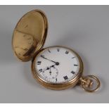 A 9CT GOLD FULL-HUNTER POCKET WATCH being keyless-wind type and having a white enamel dial with