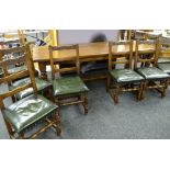 A GOOD OAK THREE-PLANK REFECTORY-STYLE TABLE, 241cms long together with eight studded leather ladder