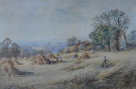 HENRY J KINNAIRD watercolour - late nineteenth century watercolour of figures in field haymaking