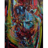 JOHN CHERRINGTON oil on board - colourful psychedelic portrait, signed and dated 1984, 84 x 68cms