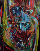 JOHN CHERRINGTON oil on board - colourful psychedelic portrait, signed and dated 1984, 84 x 68cms