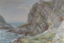 JAMES HARRIS watercolour - gulls and grazing sheep on cliffs with sailing-boats beyond, signed, 35 x