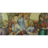 BRITISH SCHOOL monogramed 'RW' Art Nouveau watercolour - seven cheery girls picking flowers,