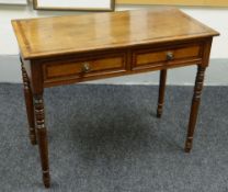 A NINETEENTH CENTURY CROSS-BANDED OAK TWO-DRAWER SIDE TABLE, 90cms wide