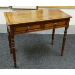 A NINETEENTH CENTURY CROSS-BANDED OAK TWO-DRAWER SIDE TABLE, 90cms wide