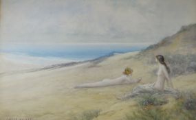 PARKER HAGARTY watercolour - nude & semi-nude female lying in sand dunes, entitled 'Sun Worshippers,