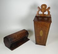 AN INLAID MAHOGANY CANDLE-BOX of tapering form with shaped rail for wall-mounting, 46cms together