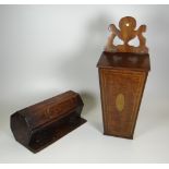 AN INLAID MAHOGANY CANDLE-BOX of tapering form with shaped rail for wall-mounting, 46cms together