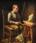 PARKER HAGARTY oil on board - seated young boy with model boat on stool, 15 x 12cms