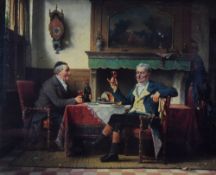 CHARLES MEER WEBB oil on canvas - interior with two gentleman sitting at the table in conversation