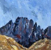 J R M A initialled oil on panel - Snowdonia ridge, Crib Goch, 40 x 40cms