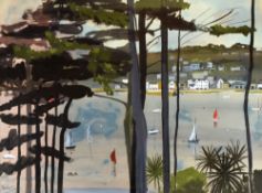 DRUIE BOWETT mixed media - Cornish Estuary with pine trees, sailing boats and buildings, entitled