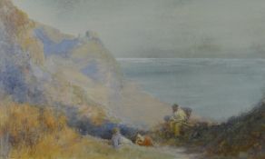 J WHITE RI watercolour - figures on a coastal cliff path with sea beyond, signed, 27 x 44cms