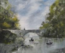 DAVID SHANAHAN oil on canvas - river scene with coracle fisherman and bridge, signed, 49 x 60cms