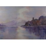 GAYE LLOYD watercolour - tranquil lake with tower, signed, 38 x 53cms