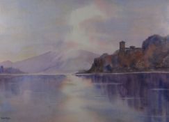 GAYE LLOYD watercolour - tranquil lake with tower, signed, 38 x 53cms