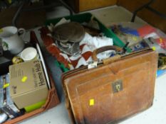 Vintage brown leather briefcase, evening & handbags together with various table linen