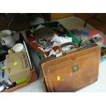 Vintage brown leather briefcase, evening & handbags together with various table linen