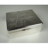 A HONG KONG SILVER CIGARETTE BOX the lid with bamboo decoration to a textured surround, Tackhing