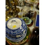 Tray of mixed china & glass together with small parcel of blue & white dinnerware etc