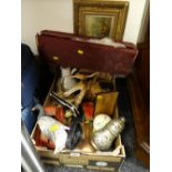 Crate of various items including boxed ostrich feather fan, plaster deco figure, tin truck etc