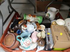 Crate of various household items & ornaments including jugs, plates, vases, stainless steel salmon
