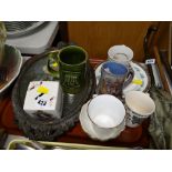 Small collection of Royal Commemorative ware, money box, mugs, two Italian framed oval silk panels