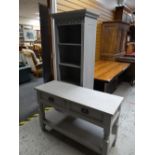 A parcel of grey painted pine furniture including a narrow bookcase, console table together with