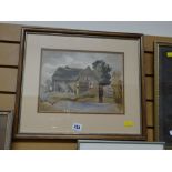 Framed watercolour of a water mill