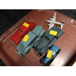 Two vintage Diecast cars, painted wooden cars & a metal airplane