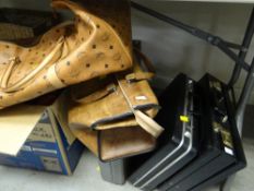Three vintage briefcases, drill & socket set, two holdalls
