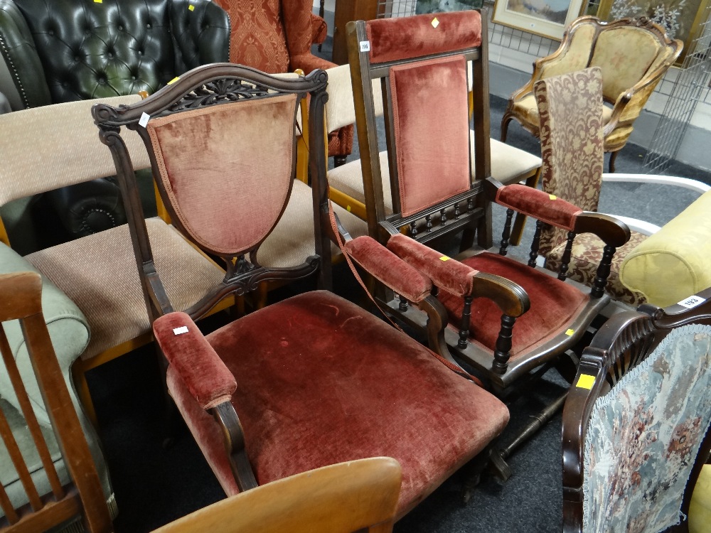 A red velvet upholstered American rocking chair together with a similar upholstered shield backed