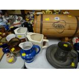 A parcel of brewery related items, water jugs, novelty whiskey barrel together with four pewter