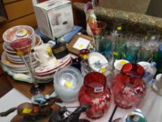 Parcel of mixed china & glassware including two ruby glass jugs, Churchillware dinnerware, cook