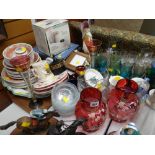 Parcel of mixed china & glassware including two ruby glass jugs, Churchillware dinnerware, cook