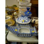 A blue & white Chinese decorated boat table decoration, Chinese blue & white lidded urn & a quantity