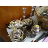 Pair of good EPNS candlesticks, three-piece teaset, cocktail shaker etc