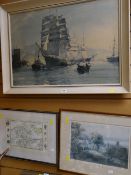 Framed print of a sailing ship together with a framed map of Worcestershire & another