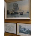 Framed print of a sailing ship together with a framed map of Worcestershire & another