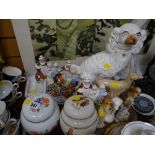 A tray of various animal & other figures including a Staffordshire dog, Yardley English Lavender