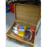 A vintage wicker picnic hamper & contents