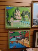Two framed naive oils on canvas of the Thames embankment & Portmeirion