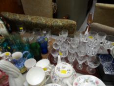 A tray of good quality cut glass drinking glasses & a tray of other drinking glasses
